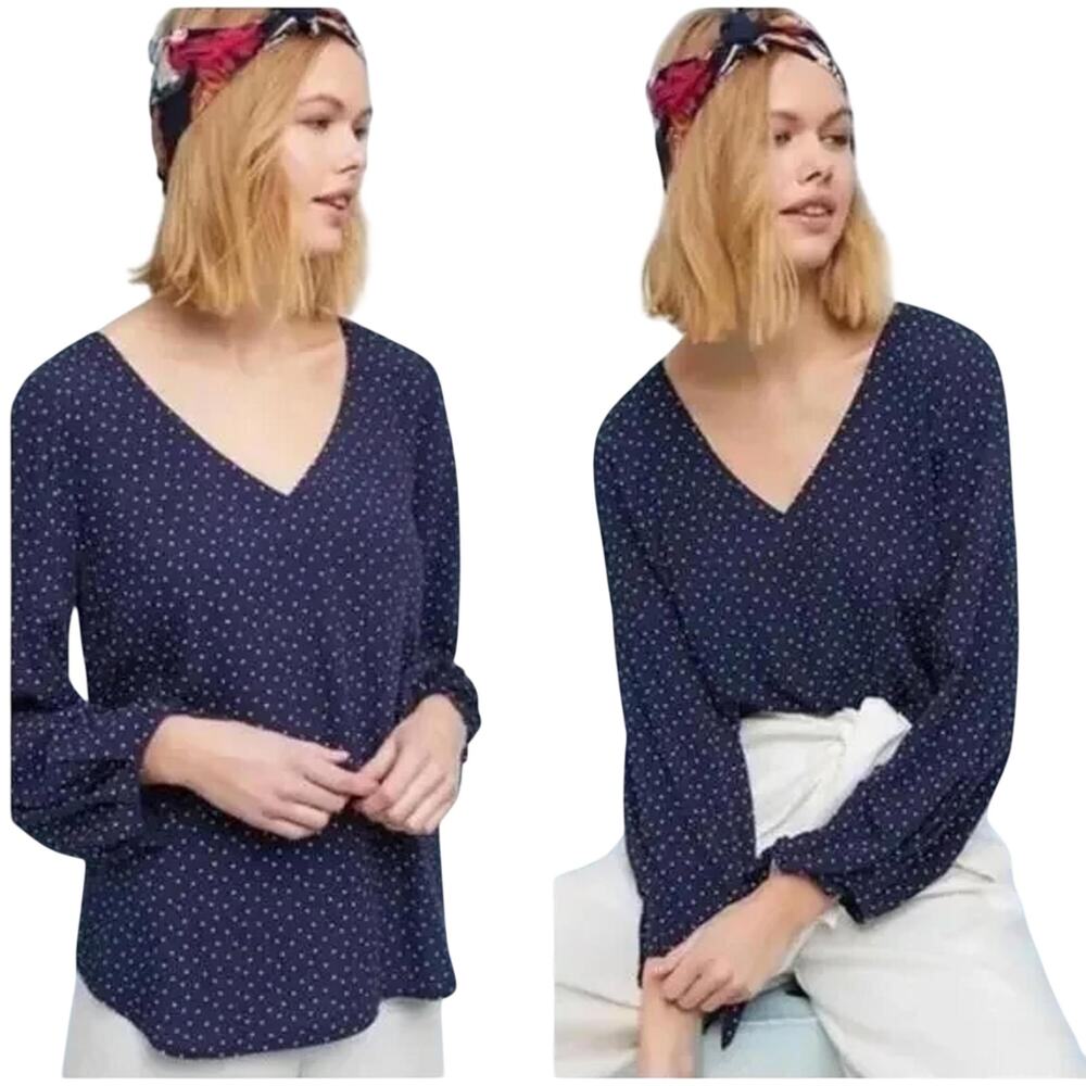 Anthropologie Maeve Pernille Navy Blue Polka Dot Blouse Top Bow Sleeve V Neck